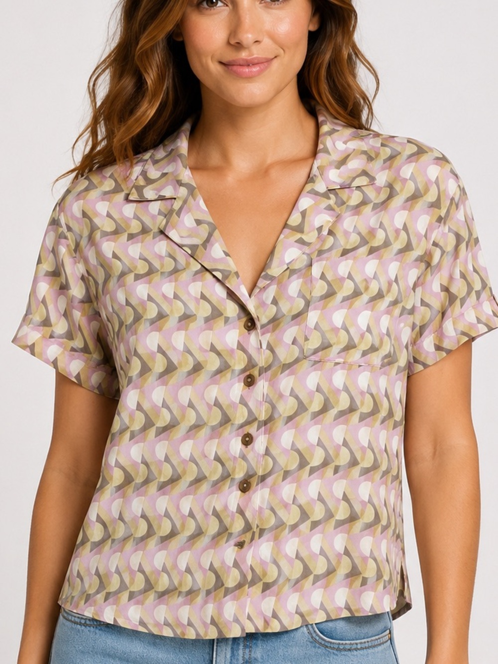 prAna Iguala Top Willow Retro Geo Modal pink brown button up Shirt Women’s Small